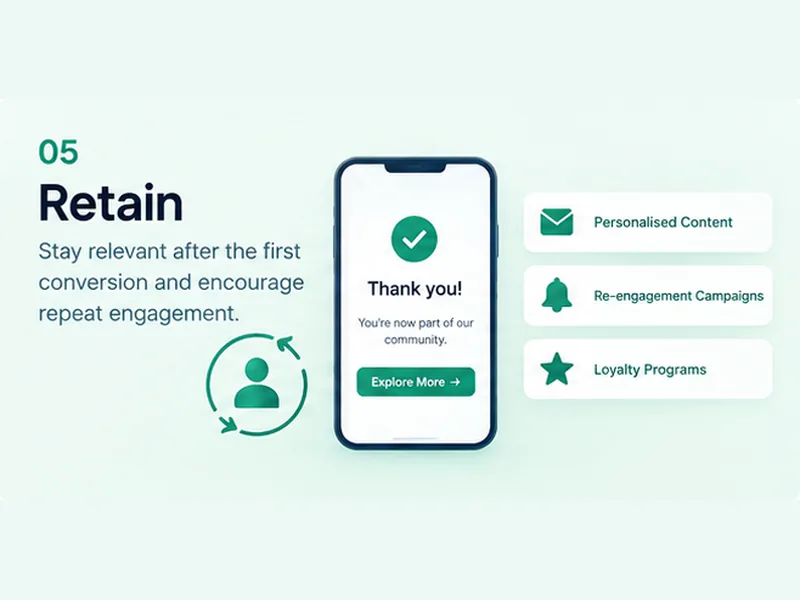 A phone showing a thank you screen, beside Personalised Content, Re-engagement Campaigns and Loyalty Programs.