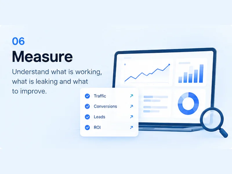 An analytics dashboard with charts, beside Traffic, Conversions, Leads and ROI, and a magnifying glass.