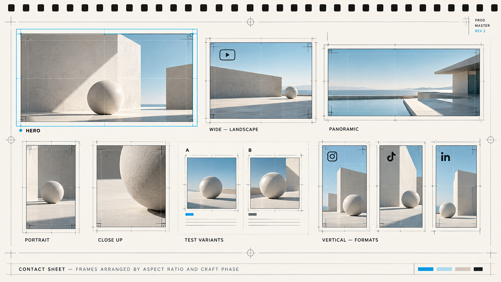 Contact sheet diagram representing a creative production pipeline.